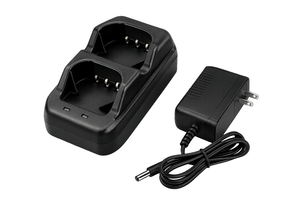 Cargador doble para baterías de radios de comunicación profesionales.