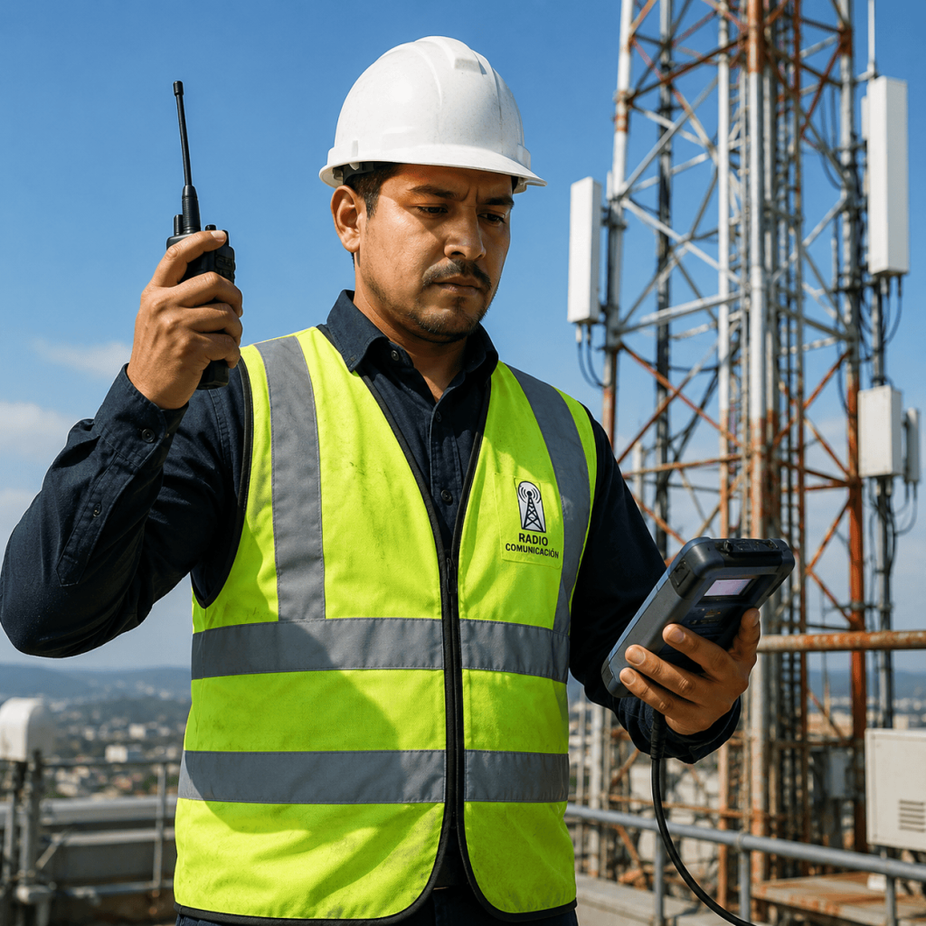 Trabajador de construcción utilizando radio de comunicación en un proyecto industrial.