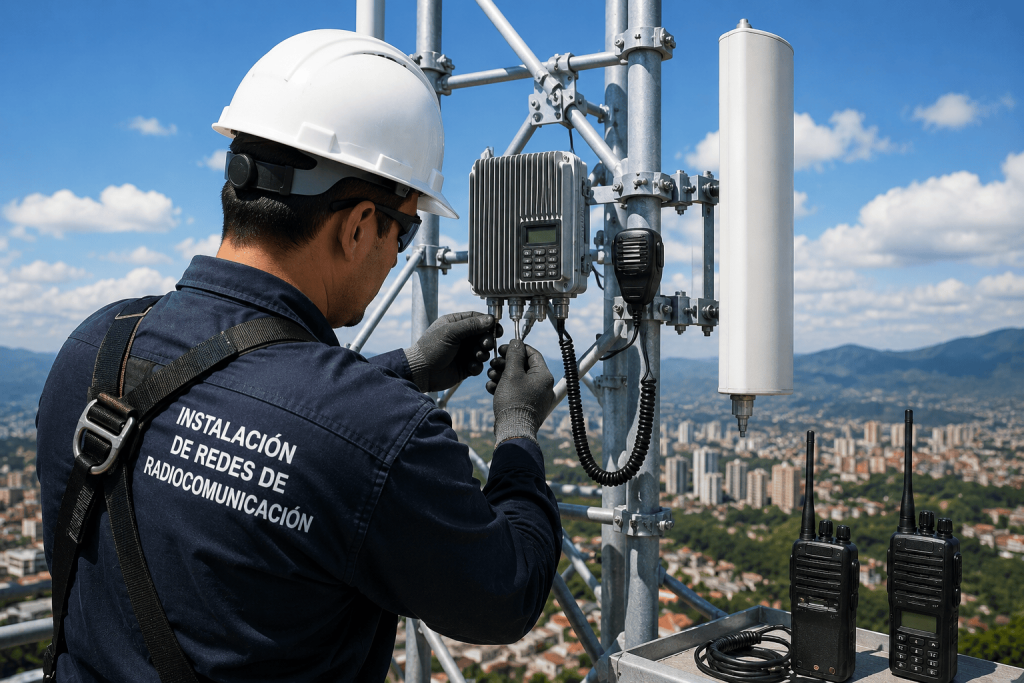 Técnico instalando una red de radiocomunicación en una torre de telecomunicaciones.