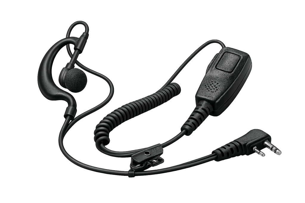Manos libres para radio de comunicación con auricular y micrófono.