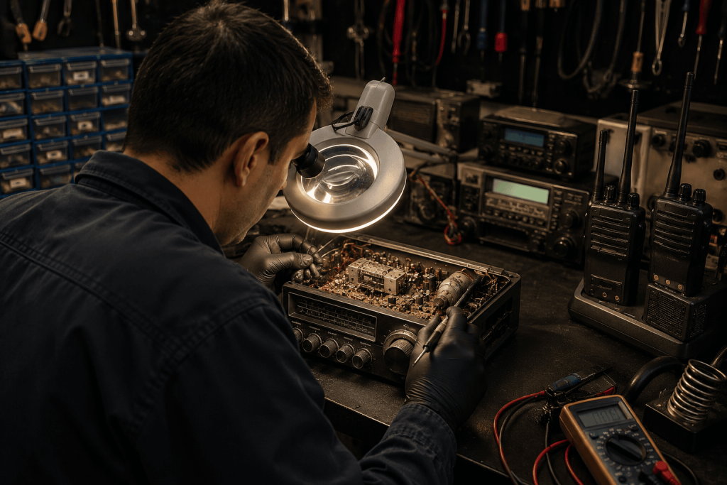 Técnico reparando un radio de comunicación antiguo utilizando lupa de precisión.