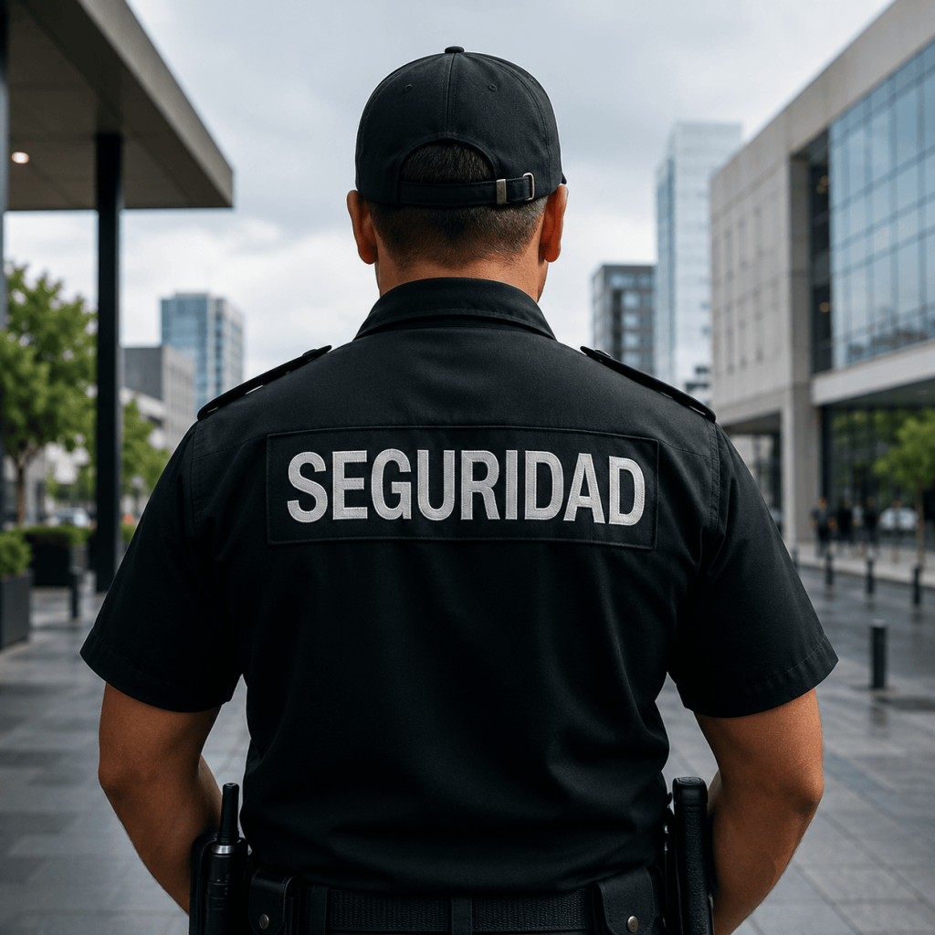 Guarda de seguridad utilizando radios de comunicación para coordinar operaciones de vigilancia.